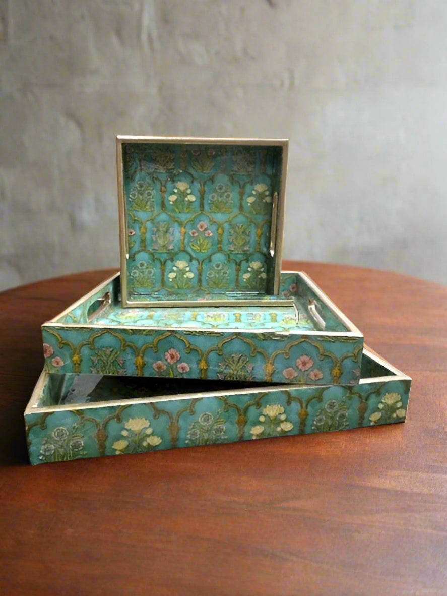 wooden square shape Gold foil print set of 3 trays for home/ office/ gift item, green